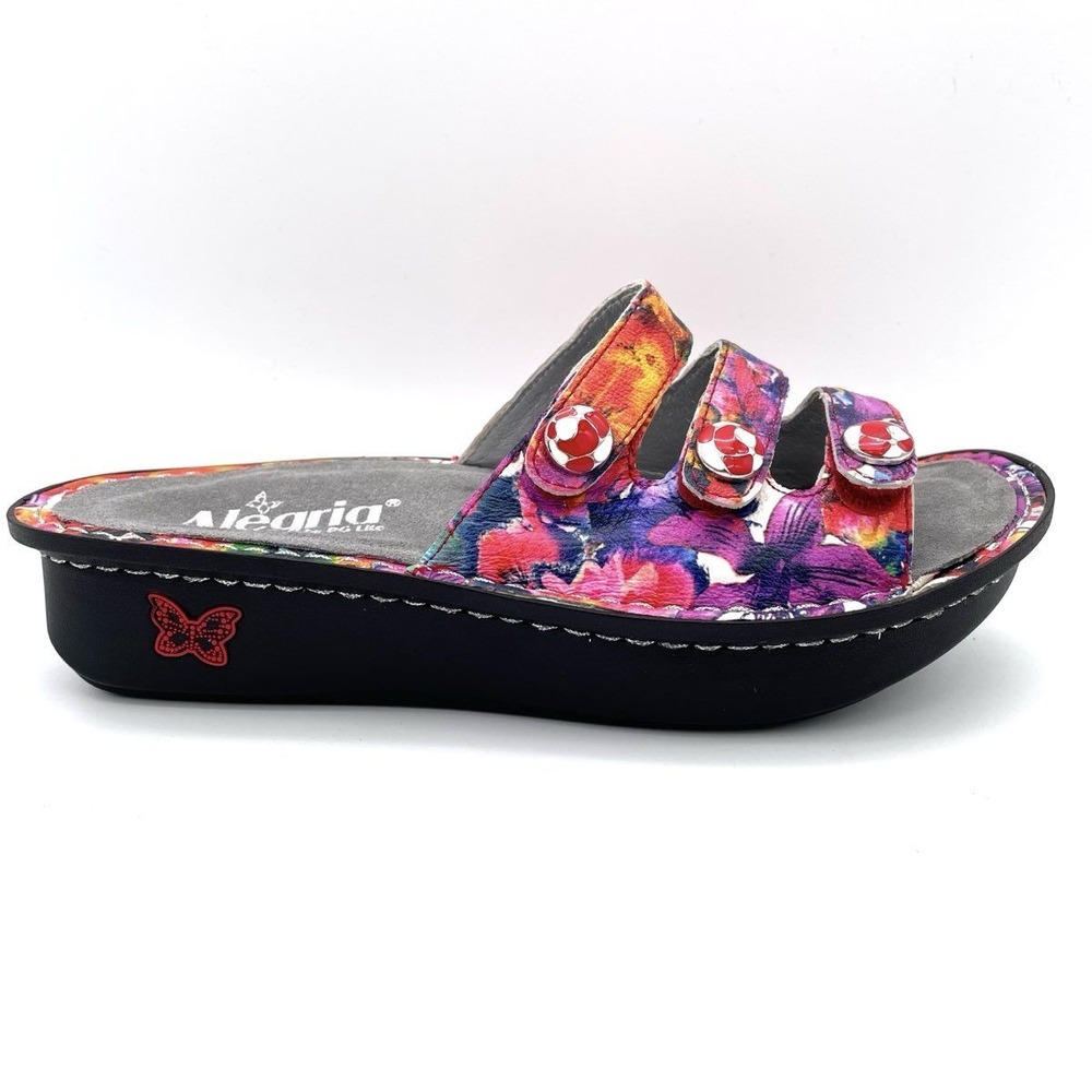 Alegria Venice Floral Multi Leather Triple Strap Slide Sandals Women's Size 38